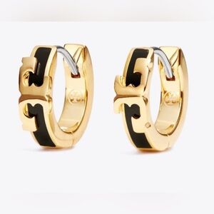 Tory Burch Serif-T Small Hoop Earrings Gold / Black NWOT